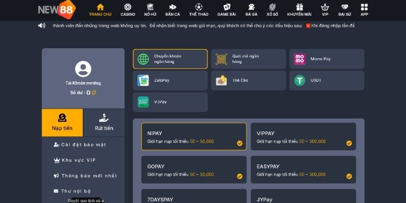 Hướng dẫn nạp tiền NEW88 thông qua cách chuyển khoản